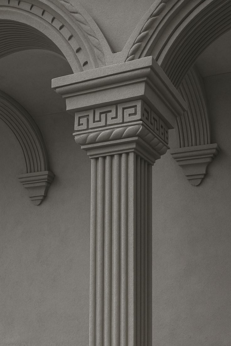 Fluted square column with a Greek key capital supporting two arches
