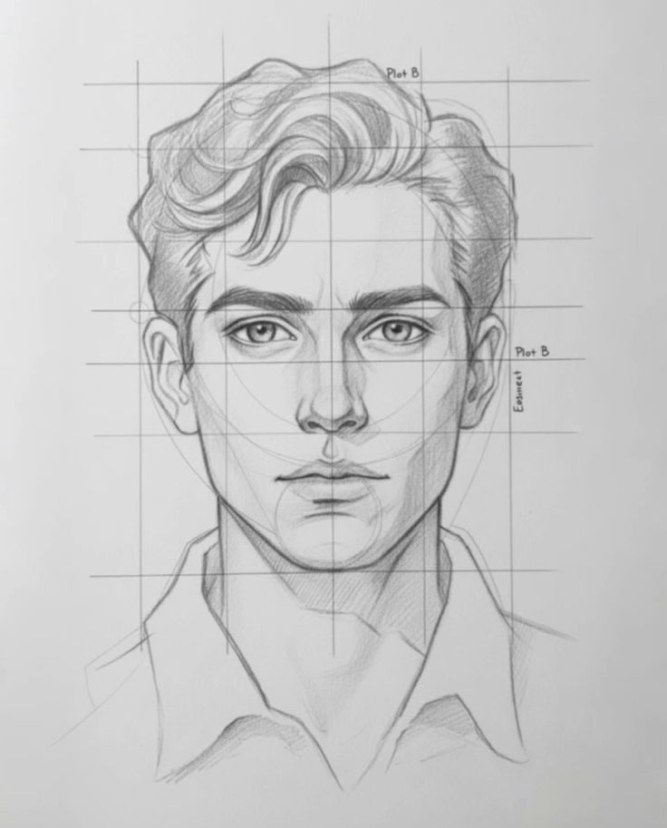 Pencil portrait drawing of a young man with wavy hair, drawn over a proportion grid