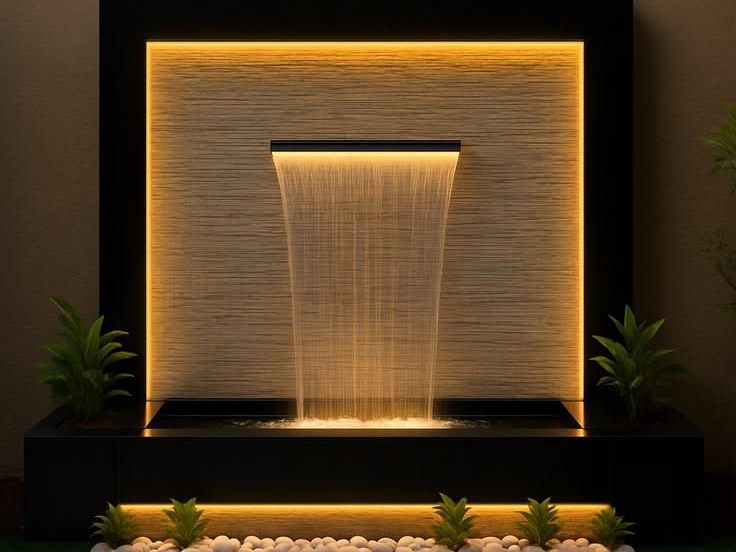 Wall water fountain with a lit waterfall and pebble base