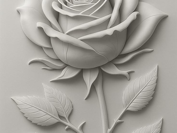 White 3D wall relief of a rose with leaves